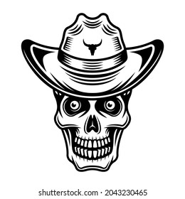 Skull in cowboy hat vector illustration in monochrome vintage style isolated on white background