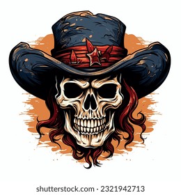 Skull with cowboy hat , vector illustration