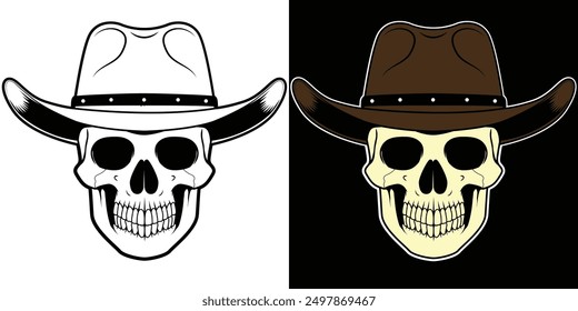 Skull with cowboy hat vector illustration. Skull cowboy drawing