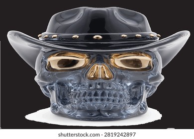 Skull in cowboy hat vector illustration. cowboy skull with black hat golden eyeballs.