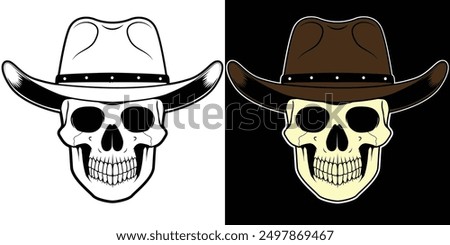 Skull with cowboy hat vector illustration. Skull cowboy drawing