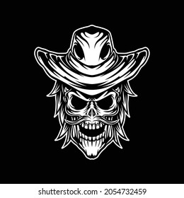 skull cowboy head mascot, this cool and simple image is suitable for t-shirt , poster, and merchandise design elements, also suitable as a riding or touring motorcycle community logo.