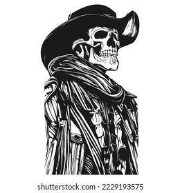 skull cowboy tattoo hand drawn vector black and white clip art