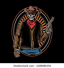 skull cowboy vector illustration with frame on background