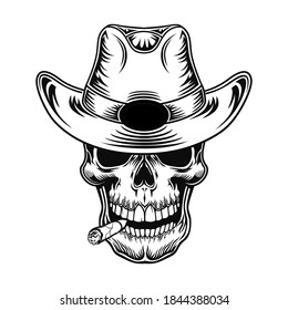 Skull of cowboy vector illustration. Head of character in hat with cigarette. Life style concept for retro fashion or style topics, bar or club emblems template