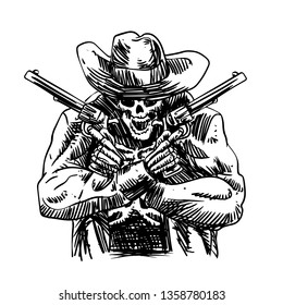 Skull cowboy in western hat and a pair of crossed gun revolver - Vector illustration
