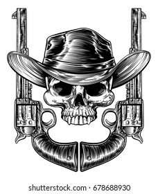 Skull cowboy in western hat and a pair of revolver six shooter pistol guns in a vintage retro woodcut etched or engraved style