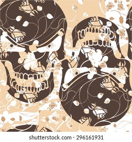 Skull in creative floral pattern, seamless vector background.