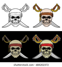 Skull crew of a pirate Ship with crossed sword, drawing skull with 4 style color