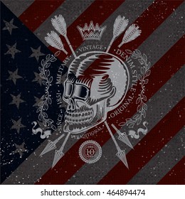 Skull with cross arrows with ray and crown. Military heraldic label on USA flag background