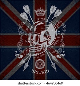 Skull with cross arrows with ray and crown. Military heraldic label on Britain flag background