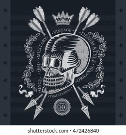Skull with cross arrows with ray and crown. Military heraldic label on blackboard