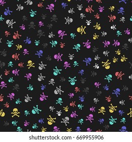 Skull and cross bone colorful on black background. Flat vector stock illustration. Seamless background pattern