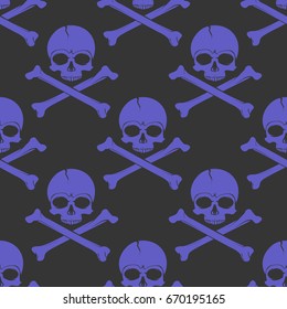 Skull and cross bone in dark blue. Flat vector stock illustration. Seamless background pattern