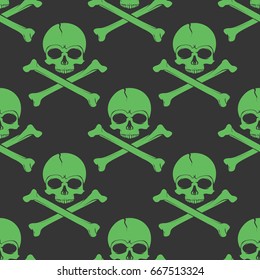 Skull and cross bone in green. Flat vector stock illustration. Seamless background pattern