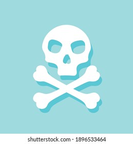 Skull cross bone with shadow on blue background, simple vector illustration. 