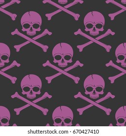 Skull and cross bone in violet. Flat vector stock illustration. Seamless background pattern