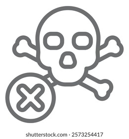 Skull and cross bones ban line icon, prohibited items concept. Vector graphics. Human skeleton, danger forbidden sign on white background, outline style icon for mobile or web design