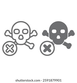 Skull and cross bones ban line and solid icon, prohibited items concept. Vector graphics. Human skeleton, danger forbidden sign on white background, outline style icon for mobile or web design