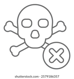 Skull and cross bones ban thin line icon, prohibited items concept. Vector graphics. Human skeleton, danger forbidden sign on white background, outline style icon for mobile or web design