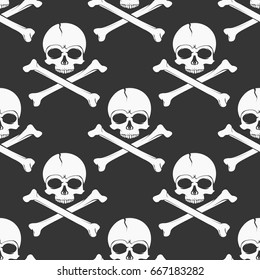 Skull and cross bones black and white. Flat vector stock illustration. Seamless background pattern