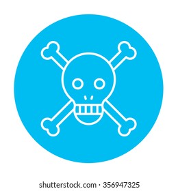 Skull and cross bones line icon for web, mobile and infographics. Vector white icon on the light blue circle isolated on white background.