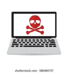 Skull cross bones logo on laptop screen . Concept of cybercrime network security or computer virus.