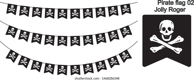 Skull and Cross bones Pirate flag bunting garland (Jolly Roger) on white background. vector illustration
