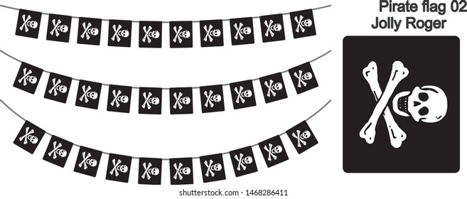 Skull and Cross bones Pirate flag bunting garland (Jolly Roger) on white background. vector illustration