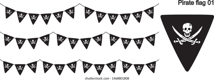 Skull and Cross bones Pirate flag bunting garland on white background. vector illustration