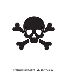 Diseño plano de la ilustración del Vector de la silueta del cráneo y de los huesos cruzados en fondo blanco