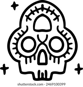 A skull with a cross on it. The skull is drawn in black and white