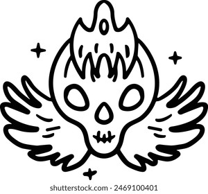 A skull with a cross on it. The skull is drawn in black and white