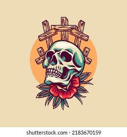 Skull And Cross Retro Illustration For Merchandise