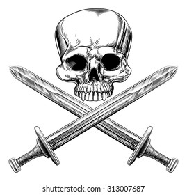 Skull and cross swords pirate sign in a vintage woodblock style
