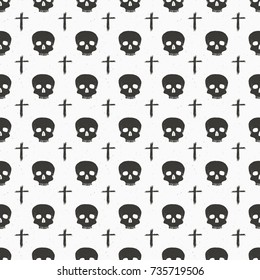 Skull and cross symbol seamless pattern, hand drawn sketch vector illustration.