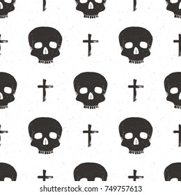 Skull and cross symbol seamless pattern, hand drawn sketch vector illustration.