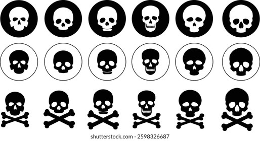 Skull crossbone pirate icon set logo Halloween ghost graphic danger anatomy symbol Silhouette. Cartoon skull death flat and line vector collection isolated on transparent background for apps and game