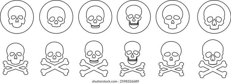 Skull crossbone pirate icon set logo Halloween ghost graphic danger anatomy symbol Silhouette. Cartoon skull death flat and line vector collection isolated on transparent background for apps and game