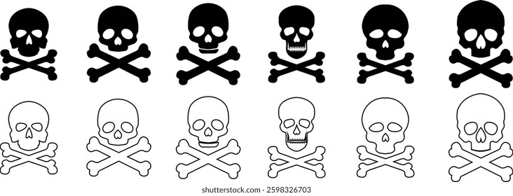 Skull crossbone pirate icon set logo Halloween ghost graphic danger anatomy symbol Silhouette. Cartoon skull death flat and line vector collection isolated on transparent background for apps and game