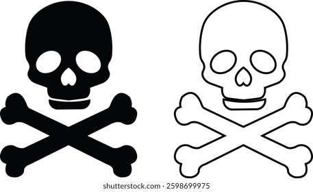 Skull crossbone pirate icon set logo Halloween ghost graphic danger anatomy symbol Silhouette. Cartoon skull death flat and line vector collection isolated on transparent background for apps and game