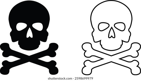 Skull crossbone pirate icon set logo Halloween ghost graphic danger anatomy symbol Silhouette. Cartoon skull death flat and line vector collection isolated on transparent background for apps and game