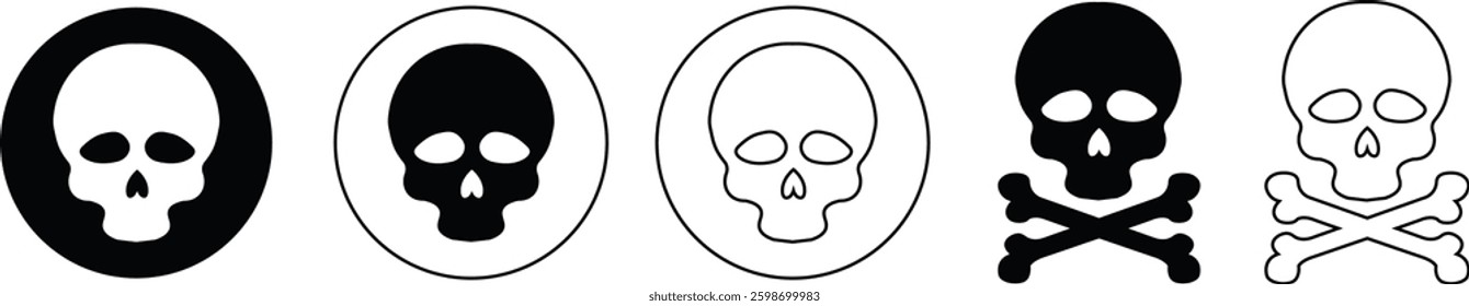 Skull crossbone pirate icon set logo Halloween ghost graphic danger anatomy symbol Silhouette. Cartoon skull death flat and line vector collection isolated on transparent background for apps and game