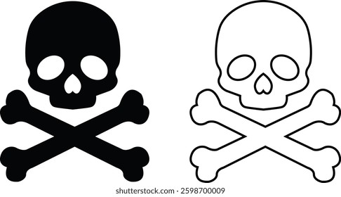 Skull crossbone pirate icon set logo Halloween ghost graphic danger anatomy symbol Silhouette. Cartoon skull death flat and line vector collection isolated on transparent background for apps and game