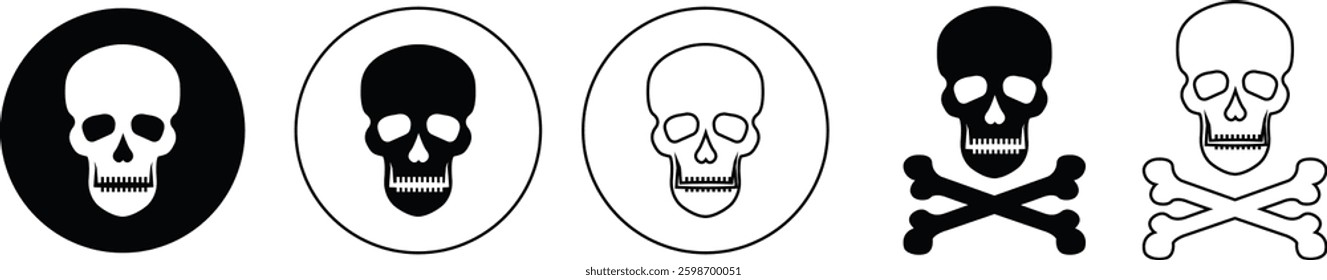 Skull crossbone pirate icon set logo Halloween ghost graphic danger anatomy symbol Silhouette. Cartoon skull death flat and line vector collection isolated on transparent background for apps and game