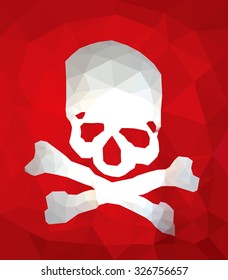 A skull and crossbone symbol against red background, low poly vector illustration.