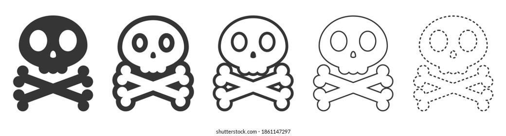 Skull and crossbone vector icons. Set of Skull symbols on white background. Vector illustration. Various black Skull icons.