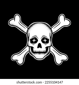 Skull crossbones art Illustration hand drawn black and white vector for tattoo, sticker, logo etc