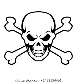 skull and crossbones, black and white vector tattoo illustration of human skull with crossed bones, isolated on white background