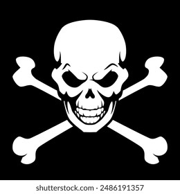 skull and crossbones, black and white vector tattoo illustration of human skull with crossed bones, isolated on black background